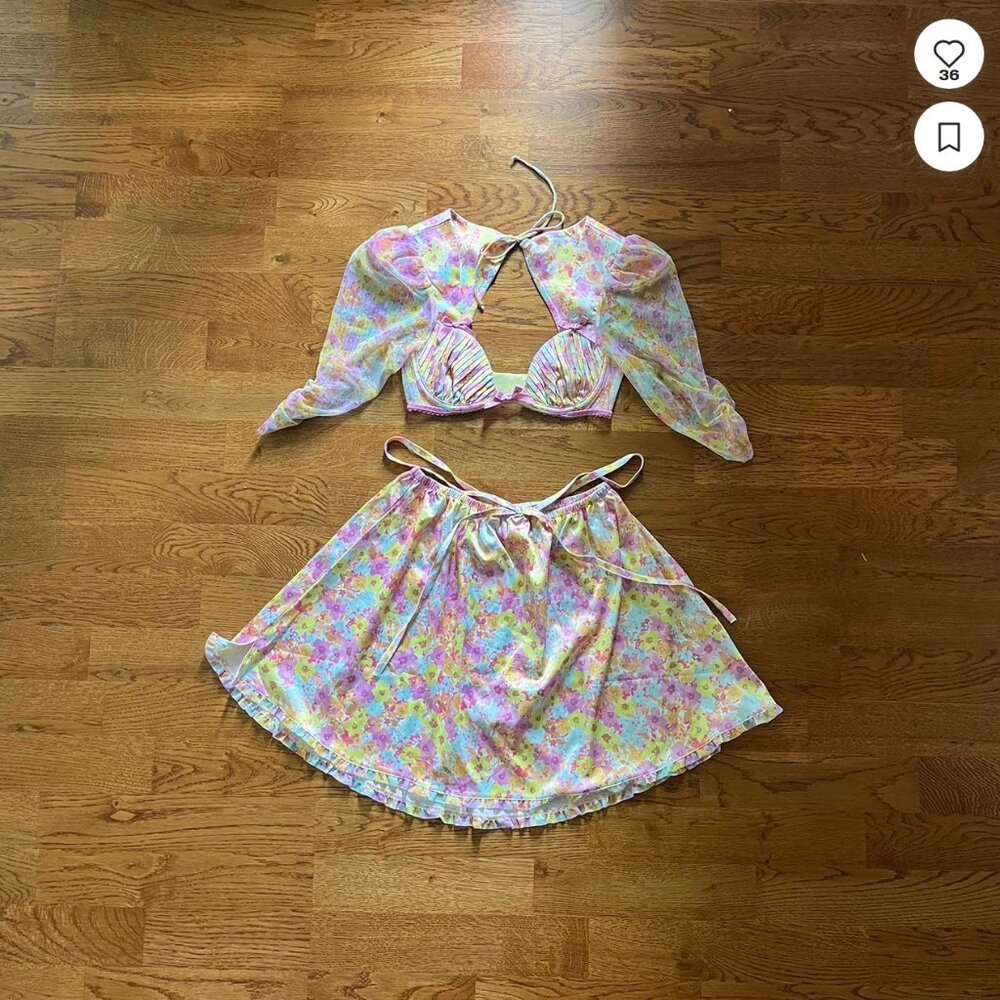 For Love & Lemons Pink Punch Skirt Set Crop Bra Top Puff Floral XXS Pastel sheer